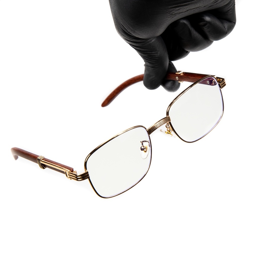 Mens Retro Wood Grain Gold Frame Hip Hop Fashion Vintage Clear Lens Glasses